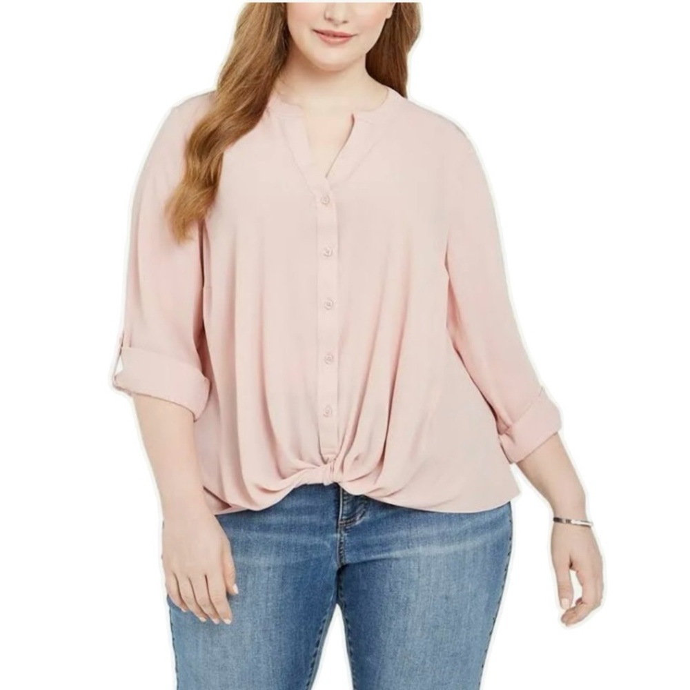 INC Twist Front Roll Cuff Button Down Mixed Media Peach Pink Mauve Blouse Size L